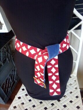 Bone & Yard Vintage Reversible Red & White Geometric Fabric Belt W/ Blue Accent